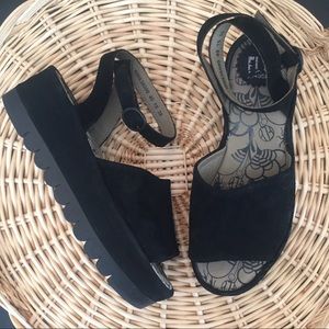 FLY LONDON Black Suede “Booz” Platform Sandals